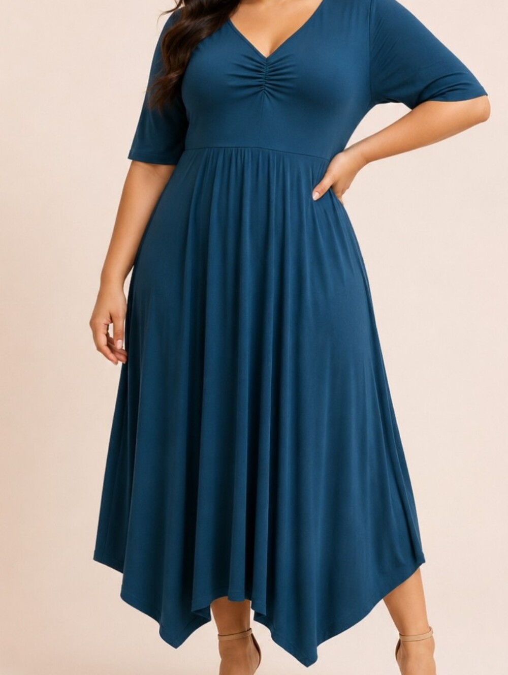 BloomChic Teal Handkerchief Hem Midi Dress Plus Size Elegant Stretchy Flowy Dres